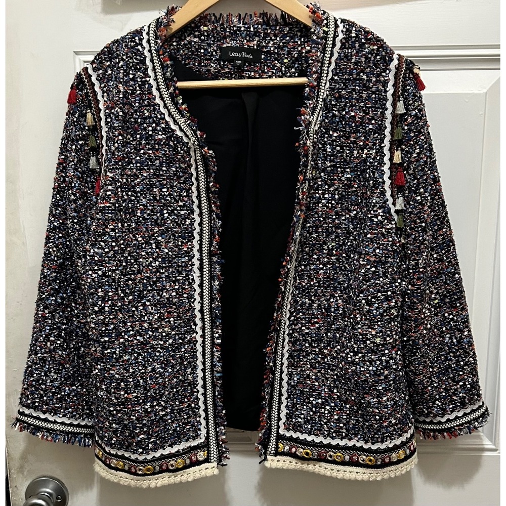 Lea & Viola Womens Multicolor Tweed Tassel Rick Rack Open Front Jacket‎ Large